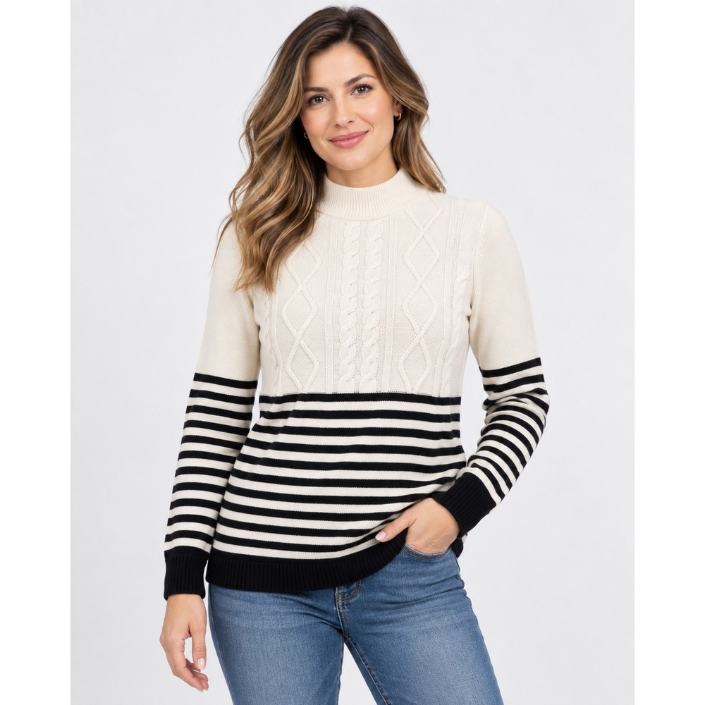 Talbots Womens Medium Ivory Navy Blue Striped Cable Knit Mock Neck Sweater